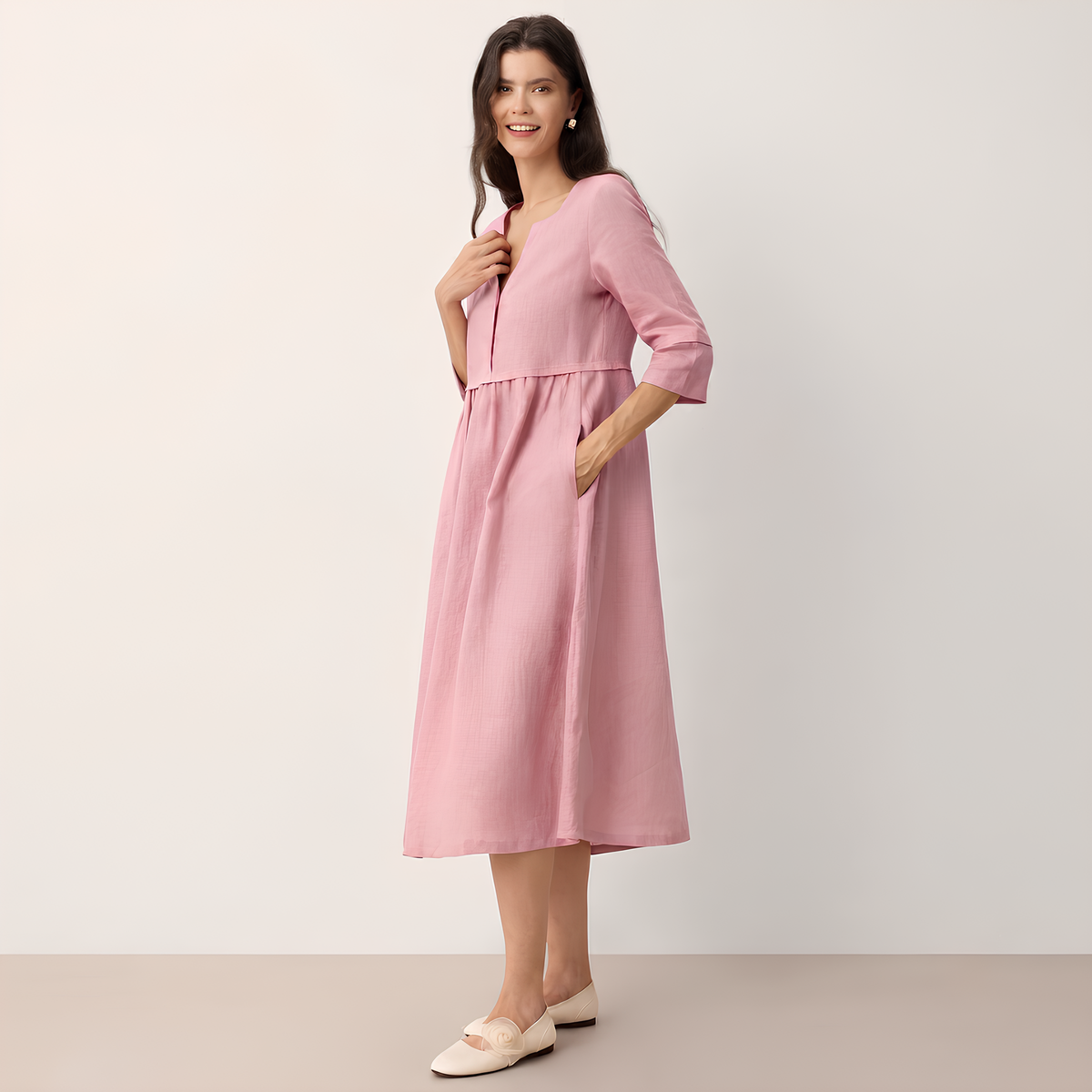 Button Waist Linen Midi Dress