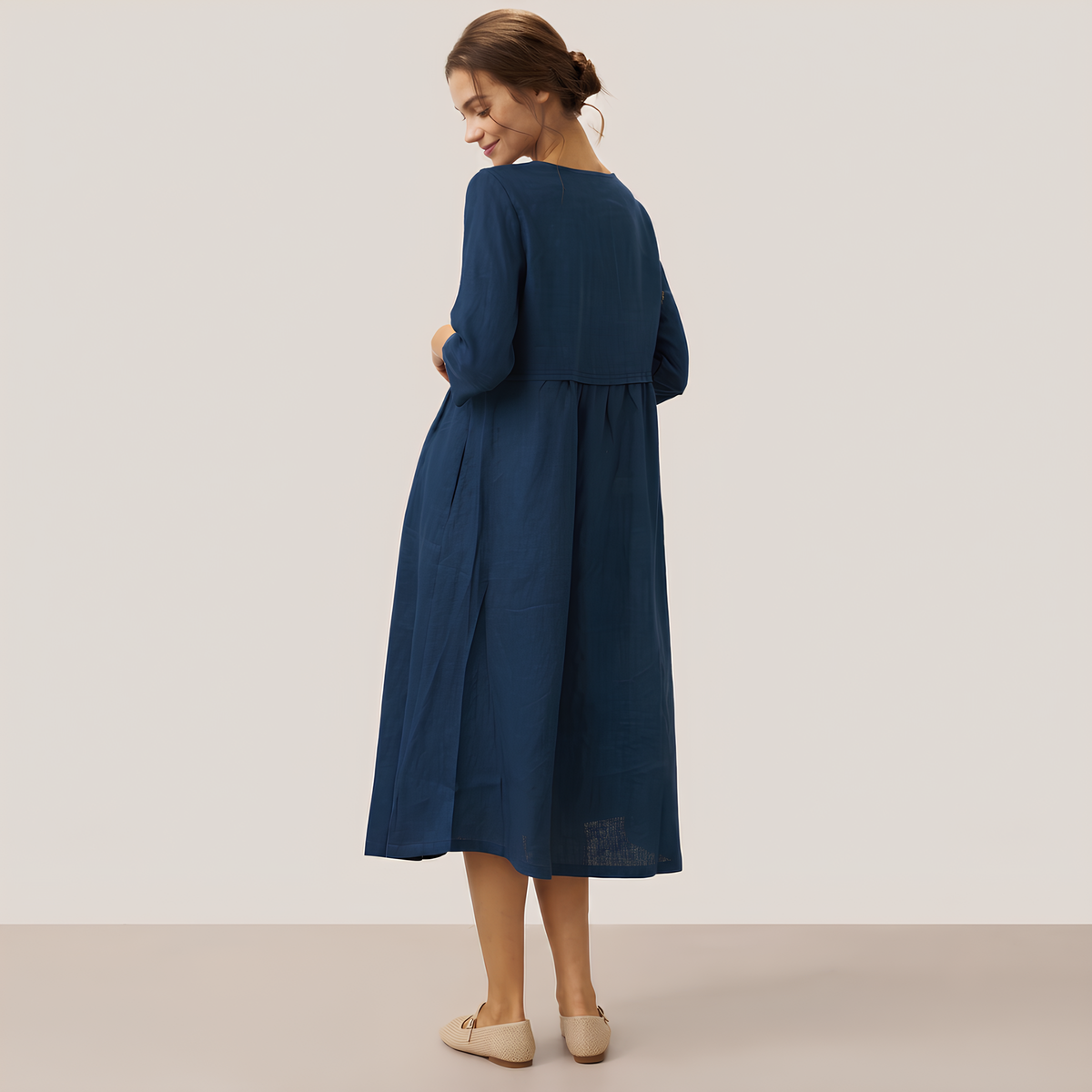 Button Waist Linen Midi Dress
