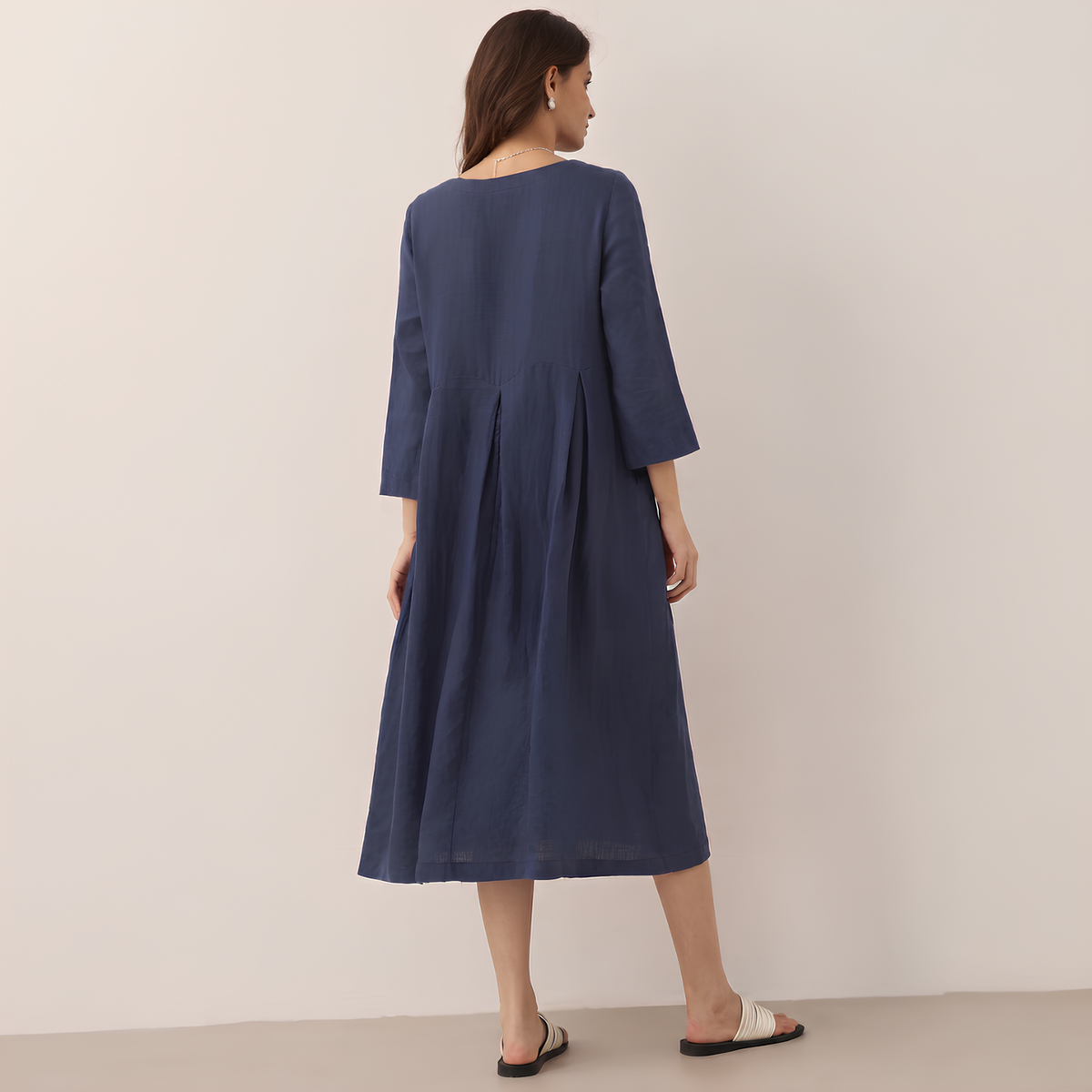 Pleated Linen Midi Dress