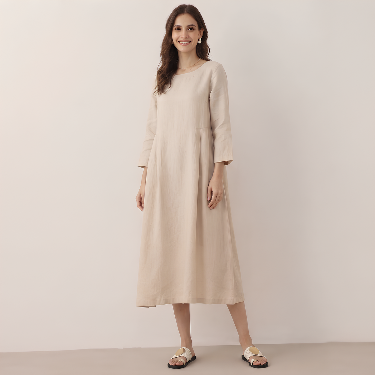 Pleated Linen Midi Dress