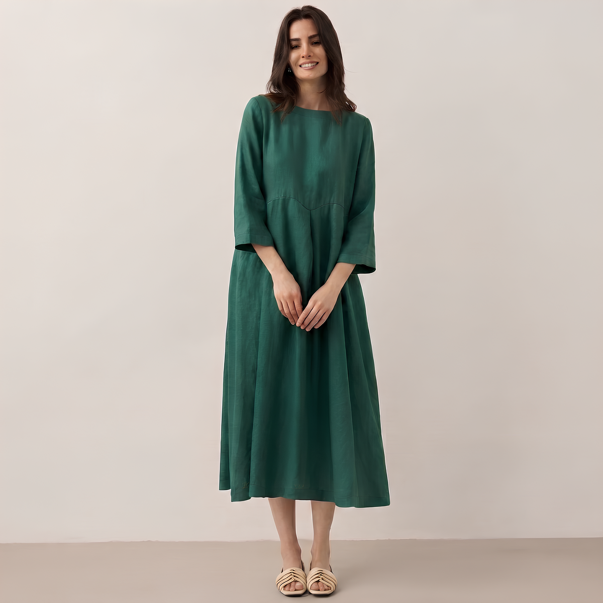 Pleated Linen Midi Dress
