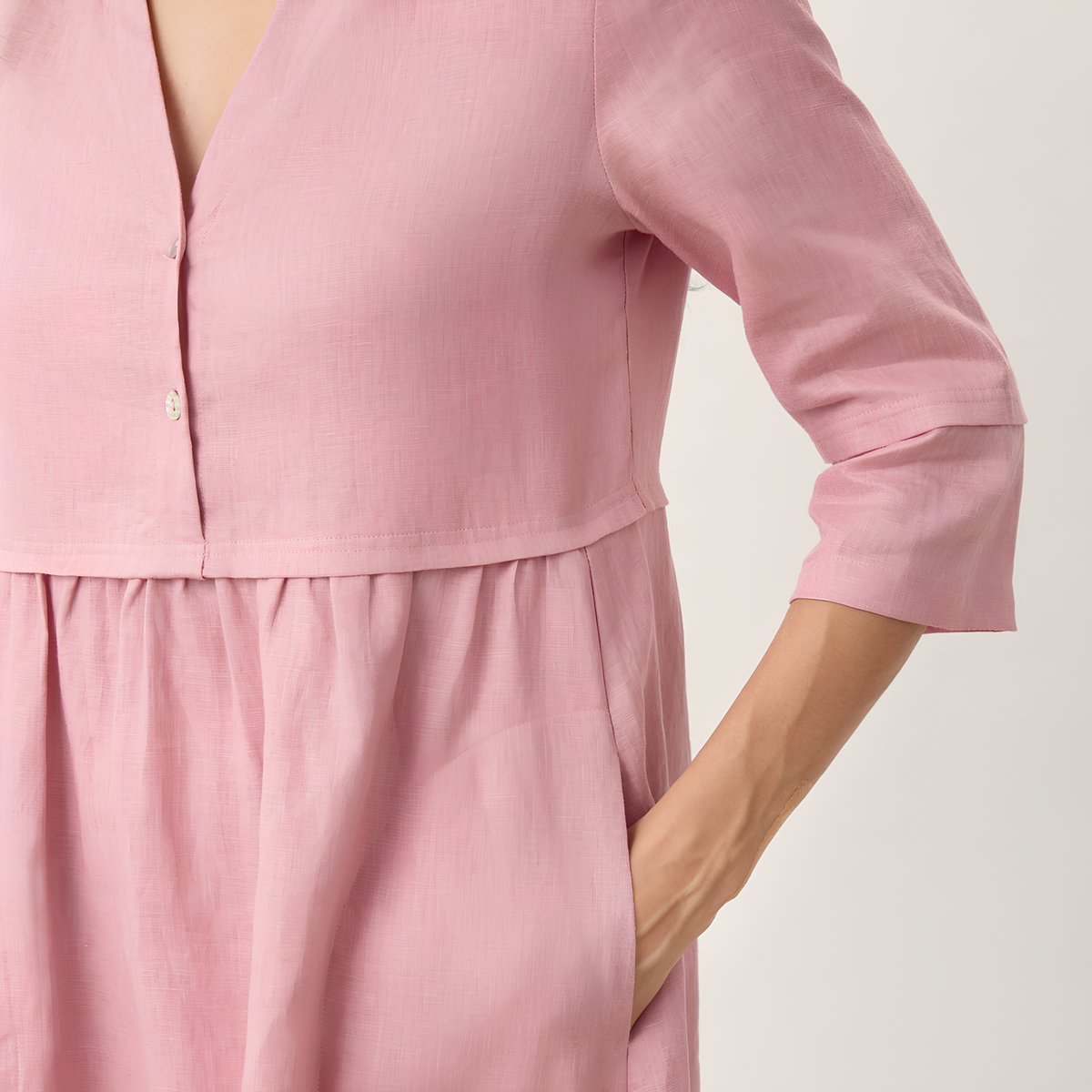 Button Waist Linen Midi Dress