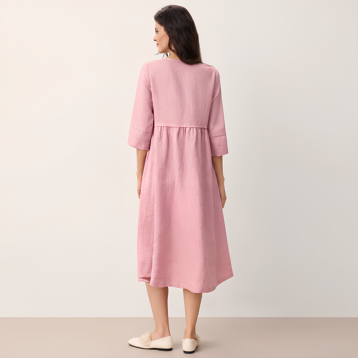 Button Waist Linen Midi Dress
