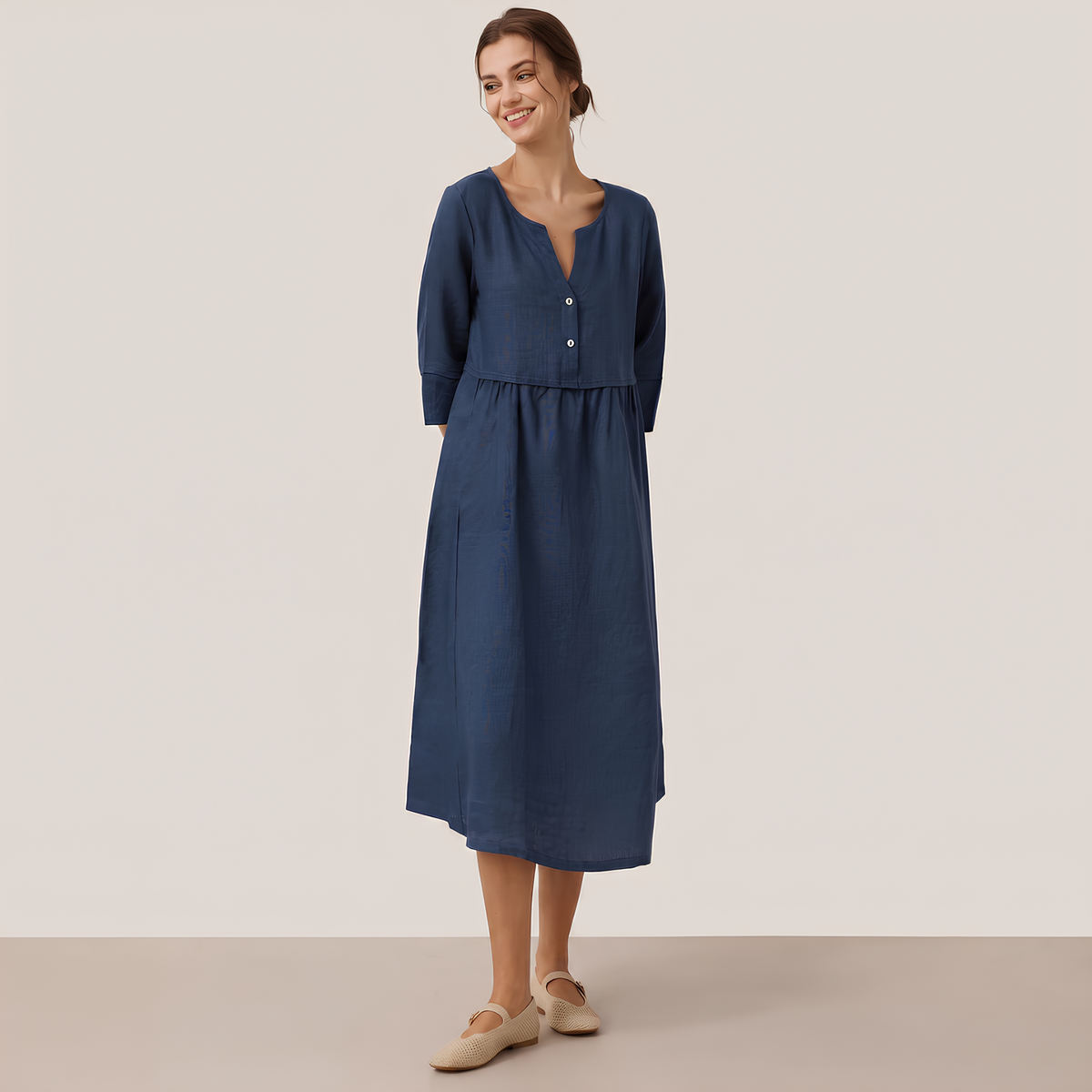 Button Waist Linen Midi Dress