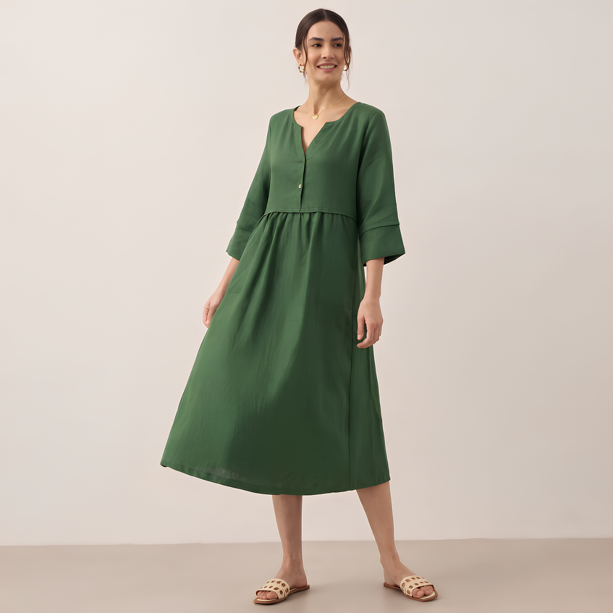 Button Waist Linen Midi Dress