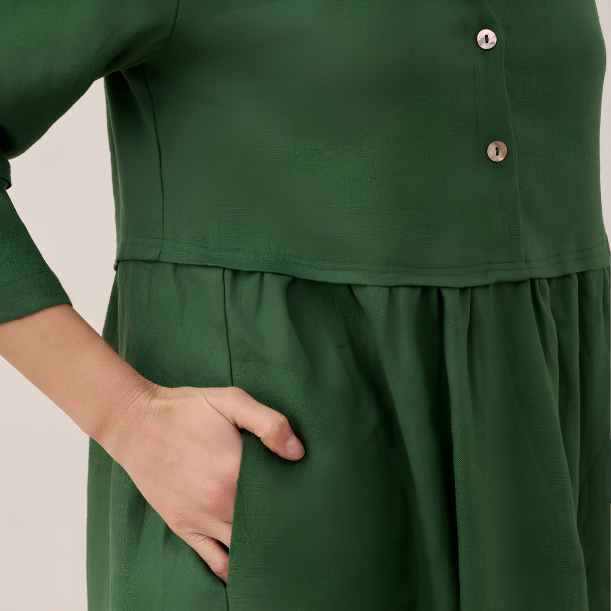 Button Waist Linen Midi Dress
