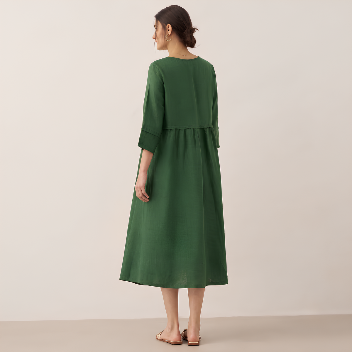 Button Waist Linen Midi Dress