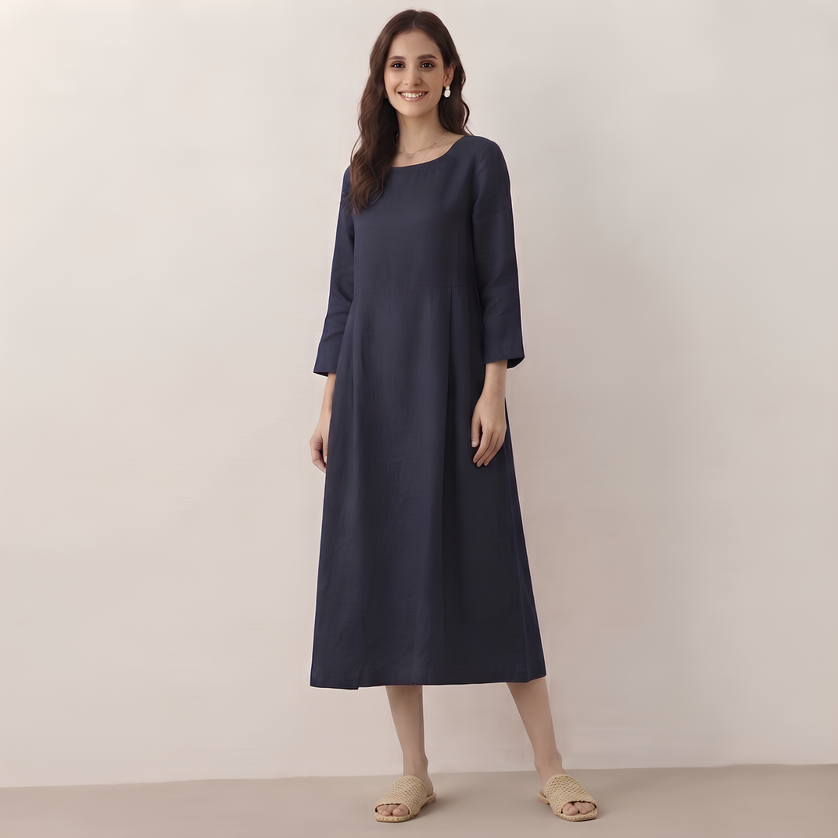 Pleated Linen Midi Dress