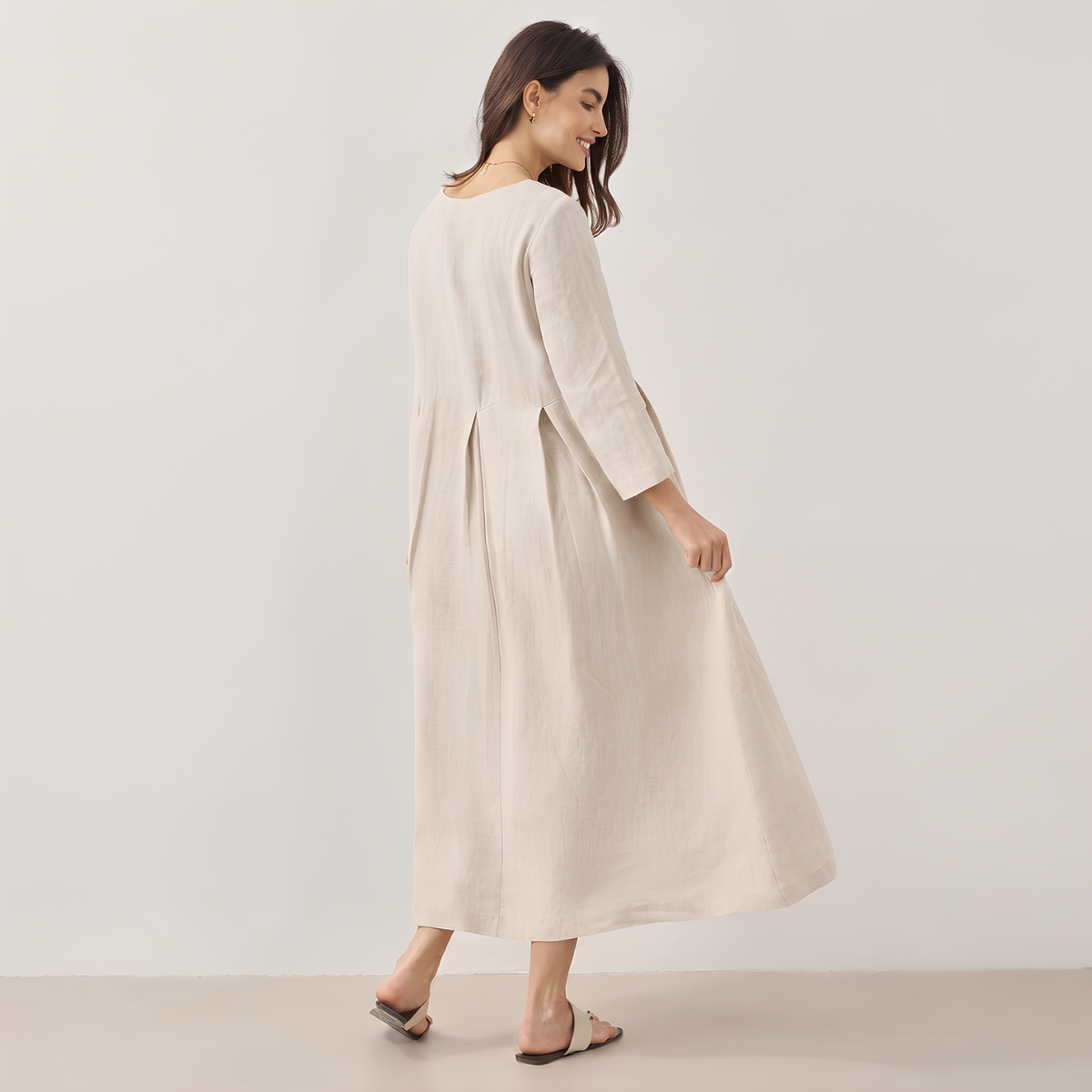 Pleated Linen Midi Dress