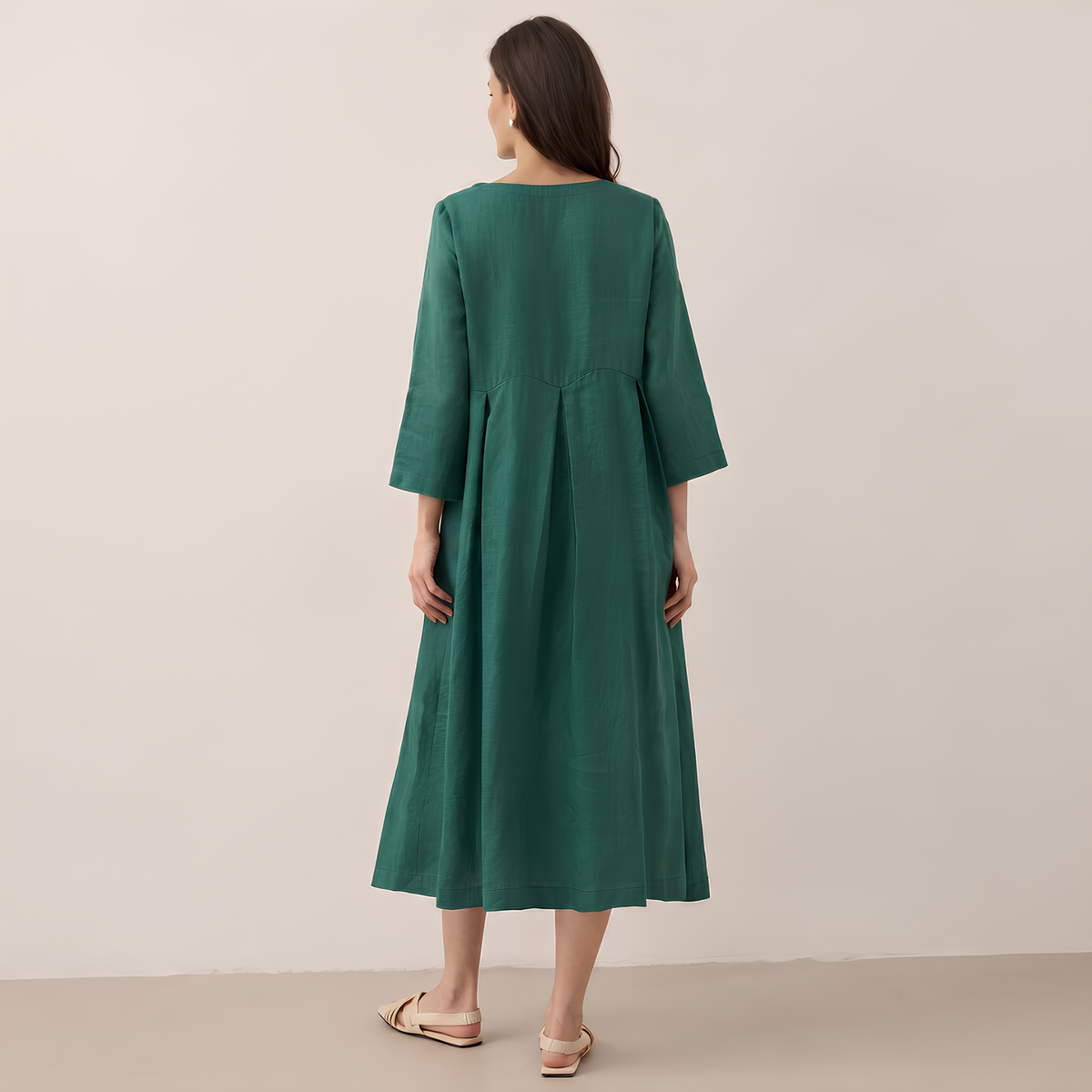 Pleated Linen Midi Dress
